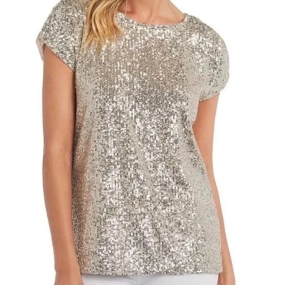 Cable & Gauge Women Silver / Champagne Sequins Blouse Short Sleeve Party NWT M